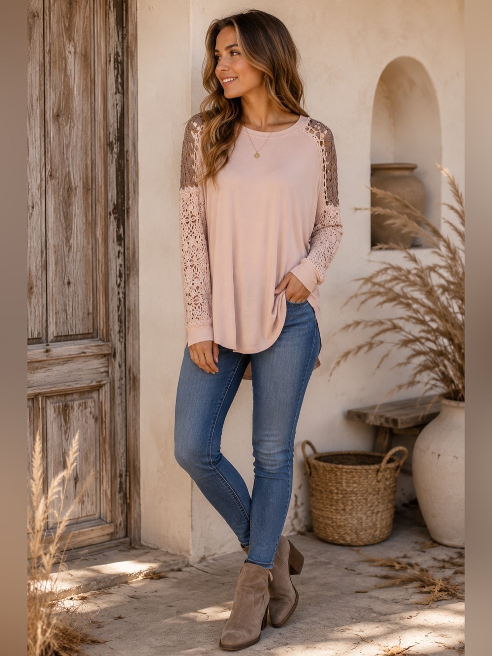 gimmicks by BKE Blush Lace-Sleeve Long Sleeve Top